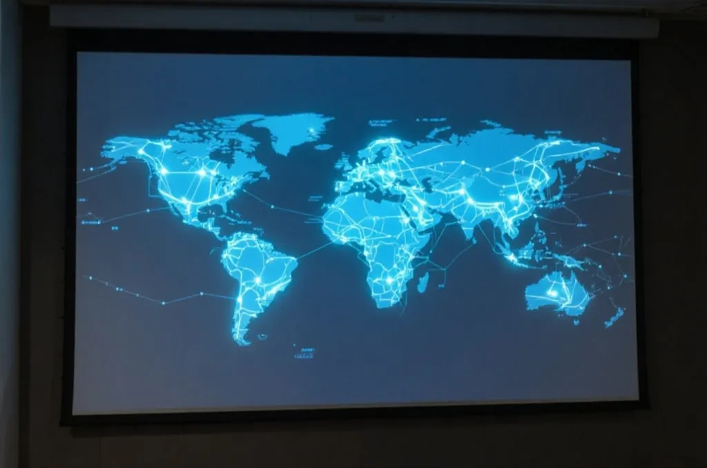 A global map with glowing digital connections shown on a high-tech corporate presentation screen