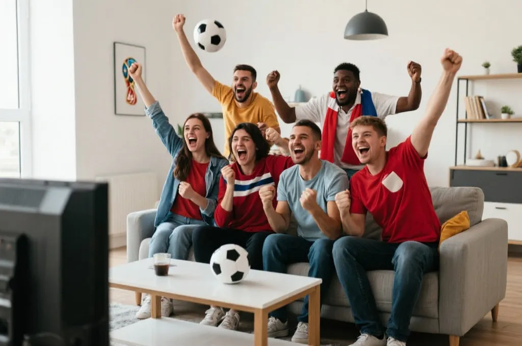 A group of passionate sports fans cheering happily in a modern living room during a major tournament broadcast